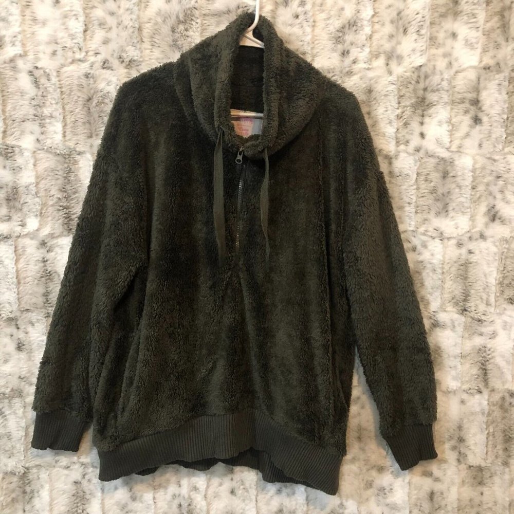 COZY SHERPA Womens Medium Green Teddy Bear Sweater 1/4 Zip